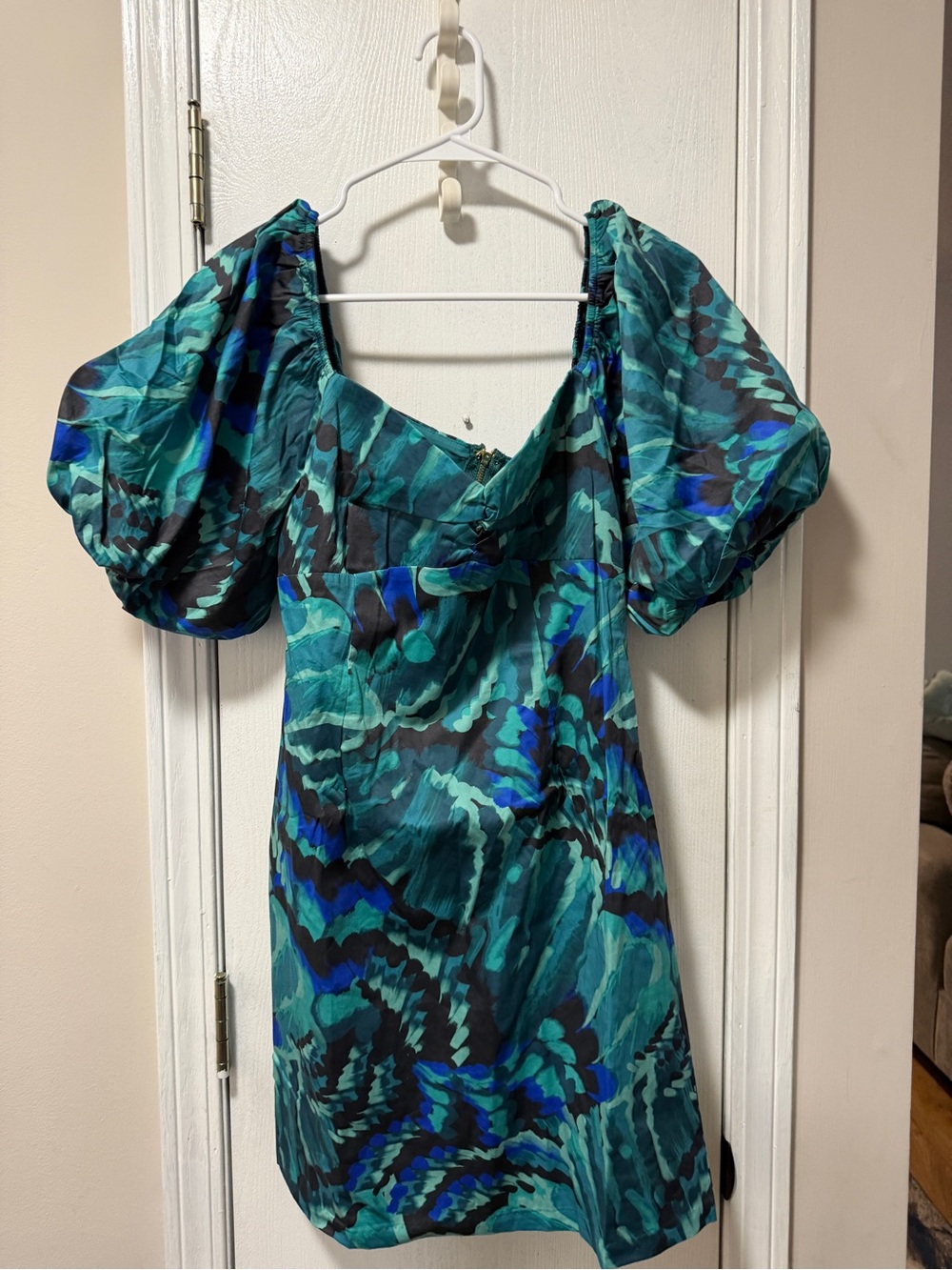 Teal & Blue Puff-Sleeve Mini Dress